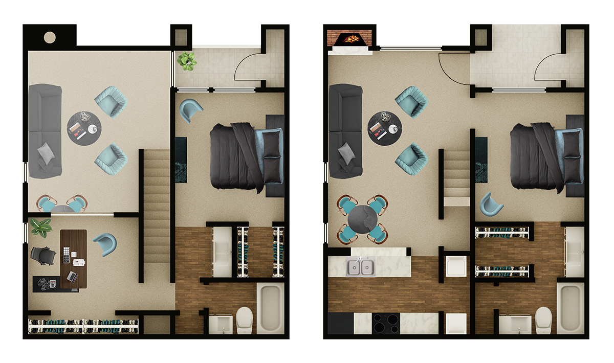 Floor plan for 2 beds, 2.5 baths, 1074 sqft